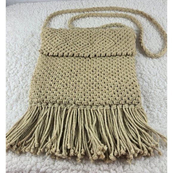 VTG Macrame Ivory Crossbody Handbag Purse Crochet Fringe Hippie Boho Zipper - Picture 2 of 10